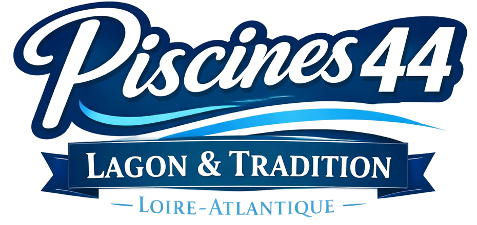 Logo for Piscines 44, featuring text over blue wave and ribbon elements: