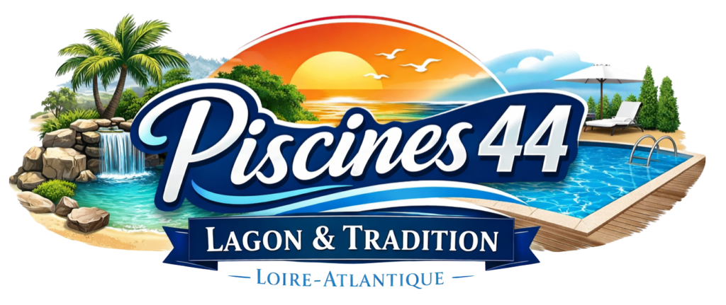 Logo pour Piscines 44, représentant une piscine, une cascade, des palmiers et un coucher de soleil sur l'océan.