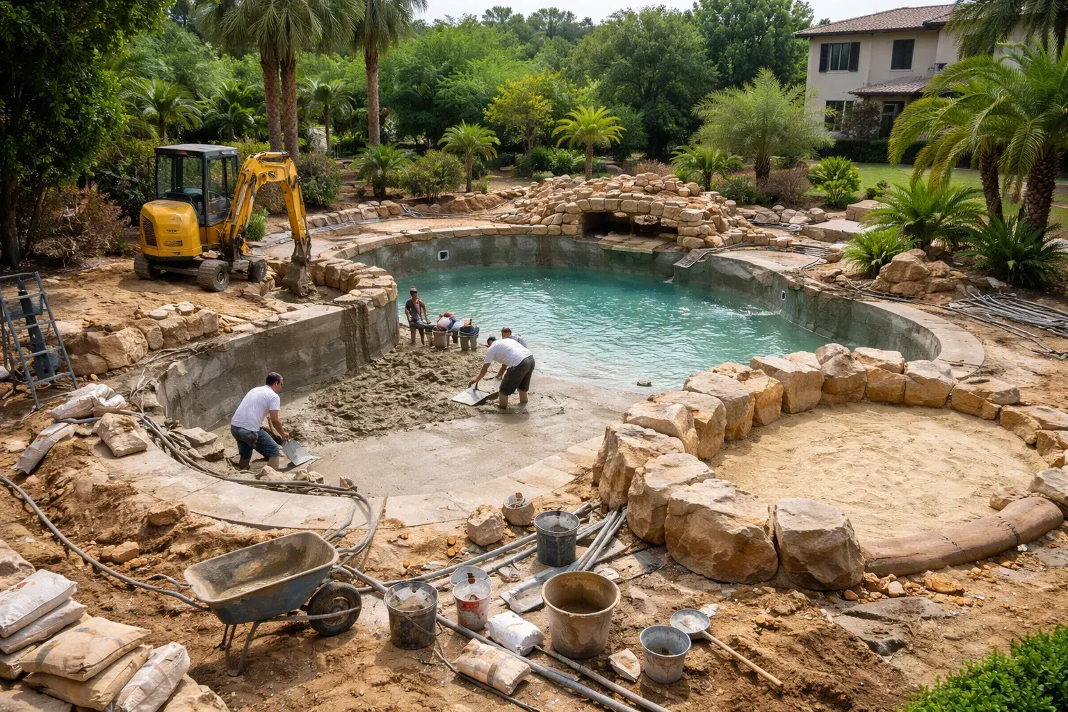 Chantier de construction de piscine avec ouvriers, matériel et piscine partiellement construite avec des éléments rocheux.