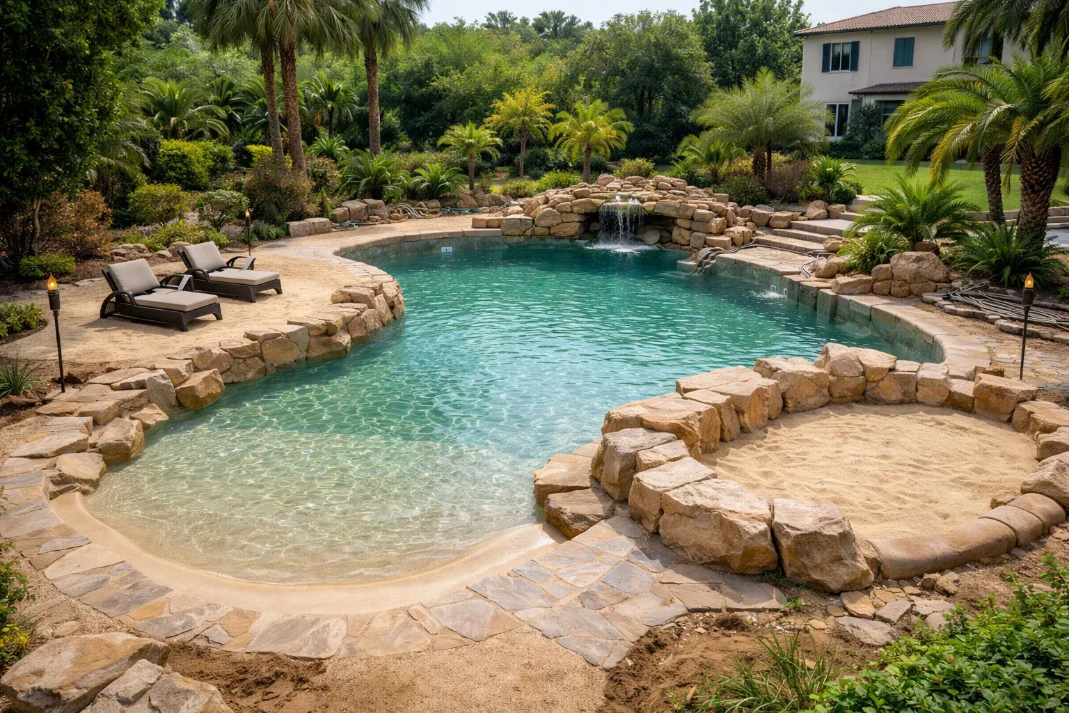 Piscine avec entrée en pente douce et petite cascade entourée de pierres et d'une végétation luxuriante.
