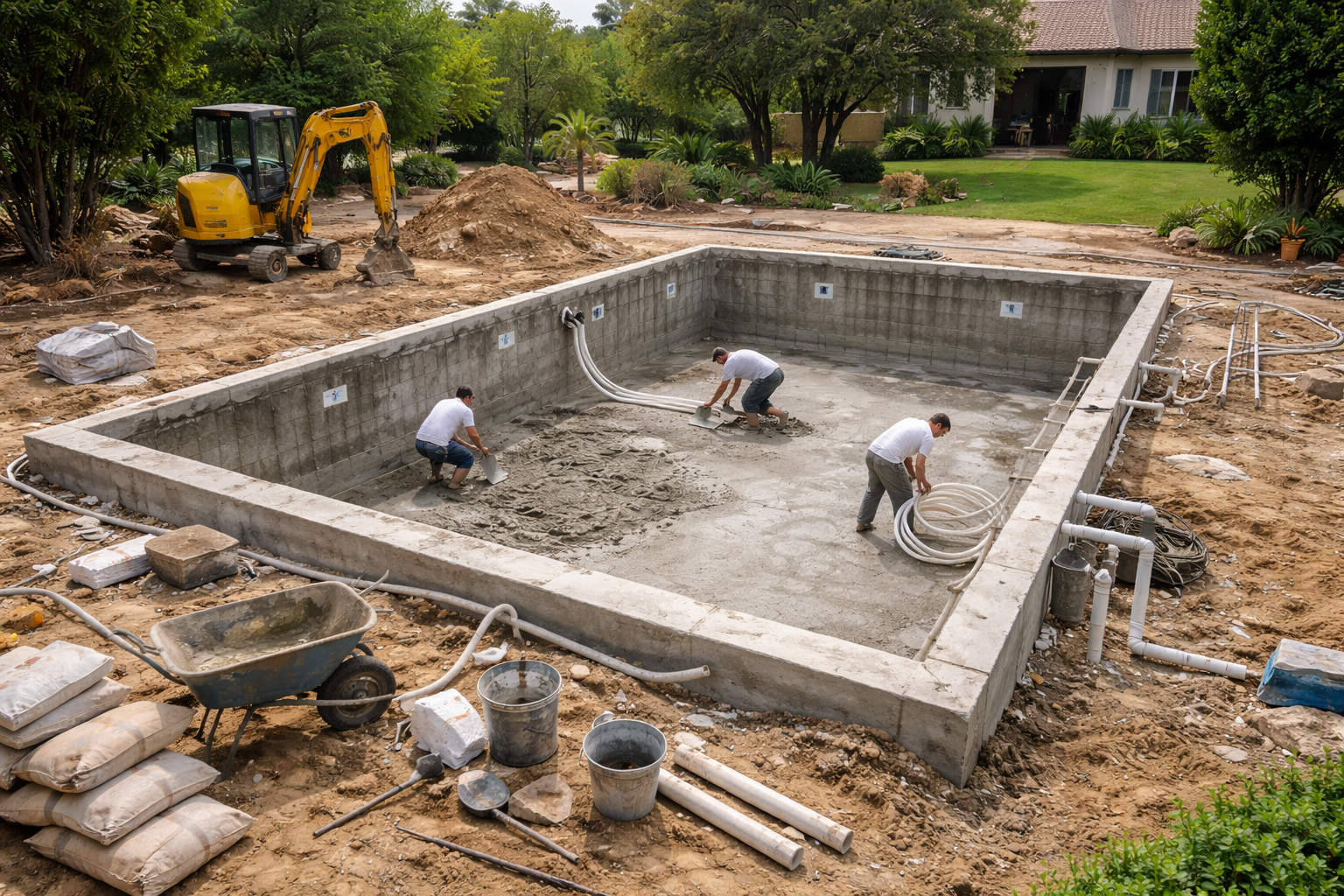 Des ouvriers du bâtiment enduisent l'intérieur d'une coque de piscine en béton dans un jardin.
