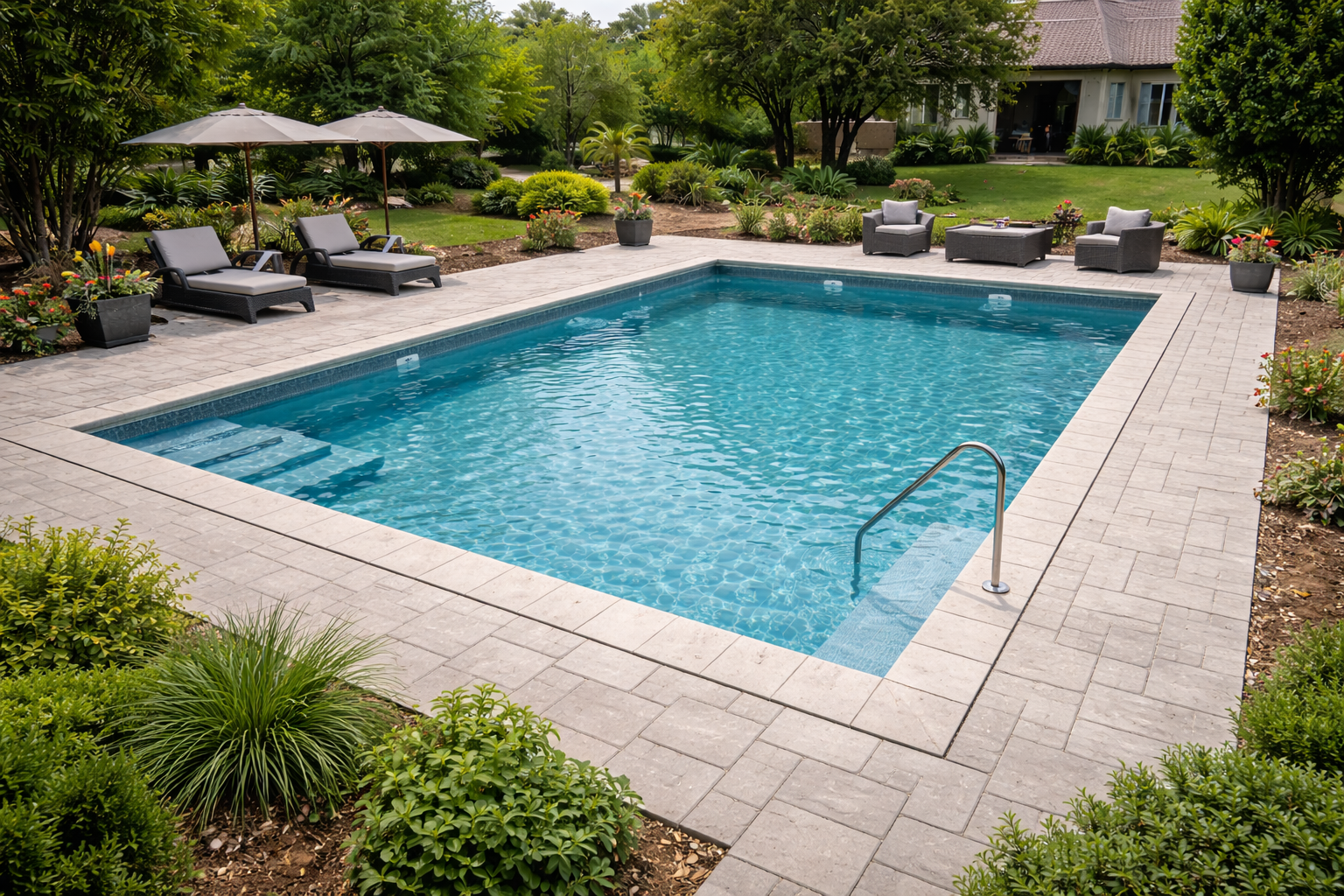 Piscine rectangulaire entourée d'une terrasse en pierre, de chaises longues et d'aménagements paysagers.