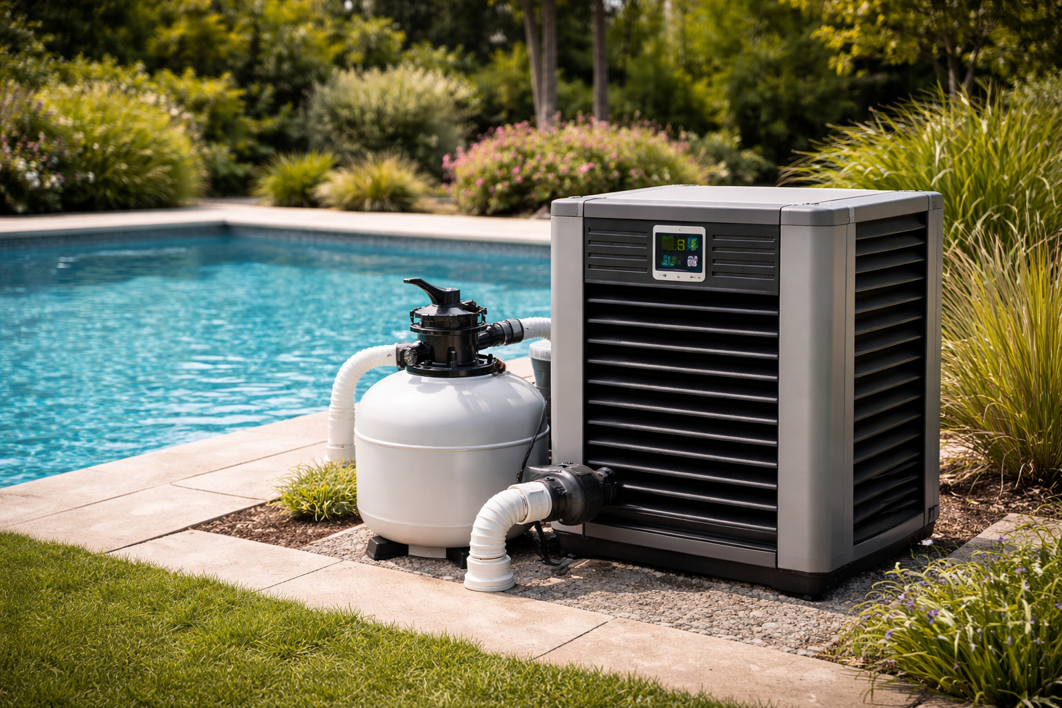 Pompe à chaleur et système de filtration installés à côté de la piscine, entourés d'aménagements paysagers.