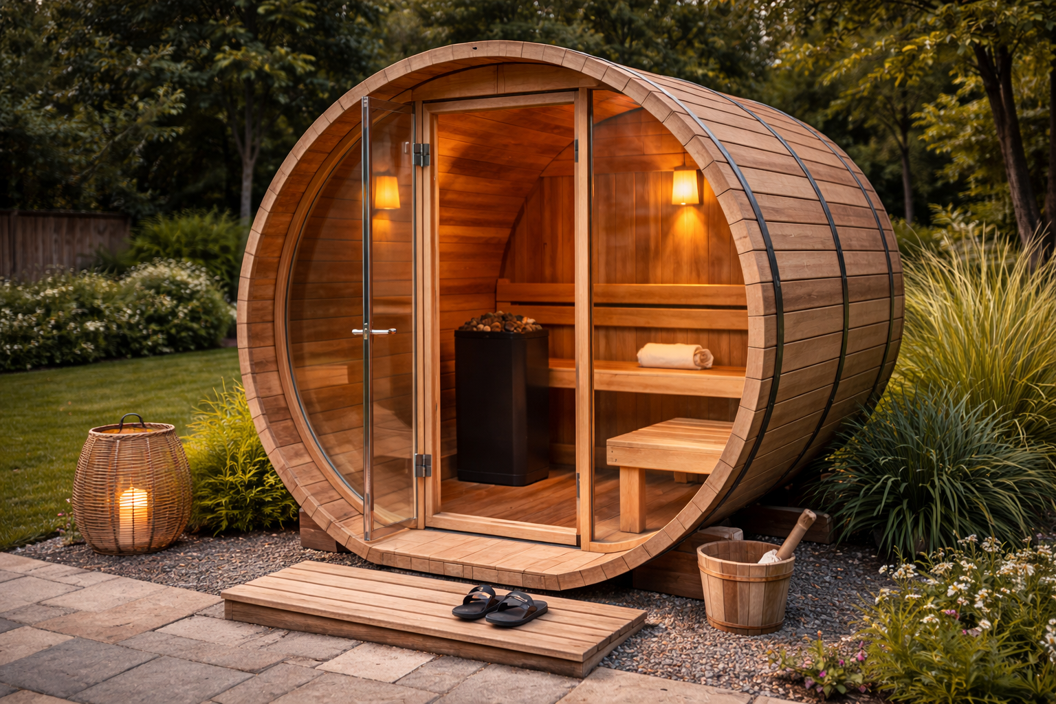 Sauna en forme de tonneau en bois avec porte vitrée, banc et poêle, installée à l'extérieur dans un jardin.