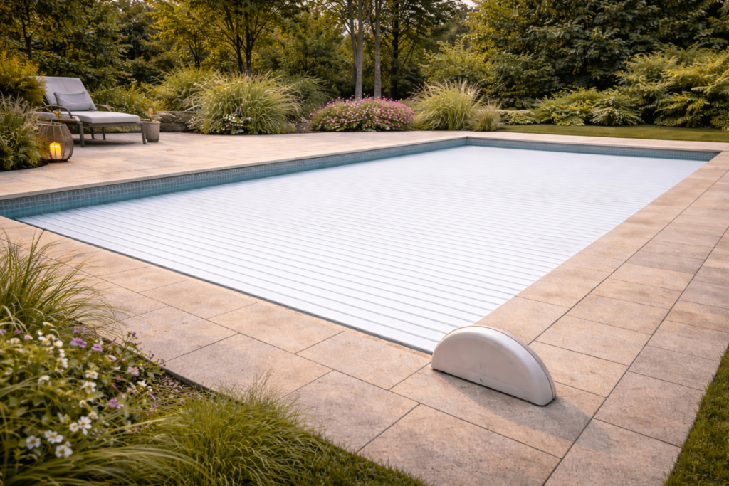 Piscine couverte, entourée d'une terrasse en pierre, d'une végétation luxuriante et d'une chaise longue.