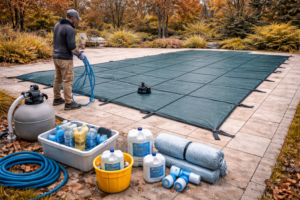 Un homme nettoie la piscine avec des produits chimiques et du matériel, en prévision de la saison.