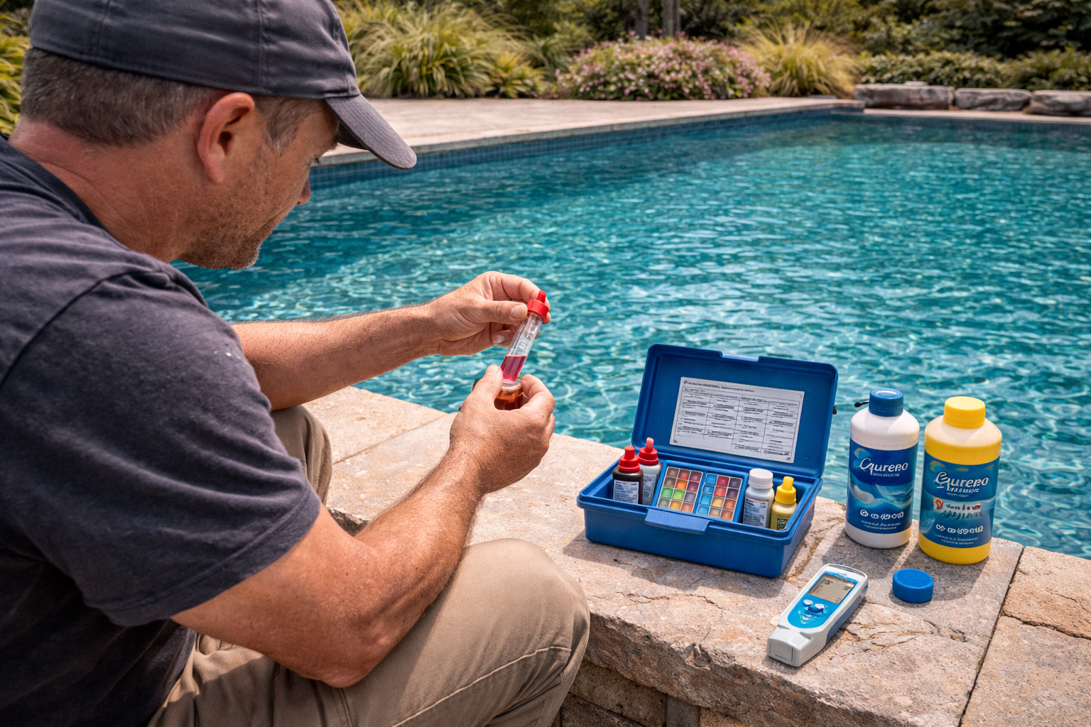 Un homme teste l'eau d'une piscine avec un kit près de celle-ci ; il fait beau à l'extérieur.