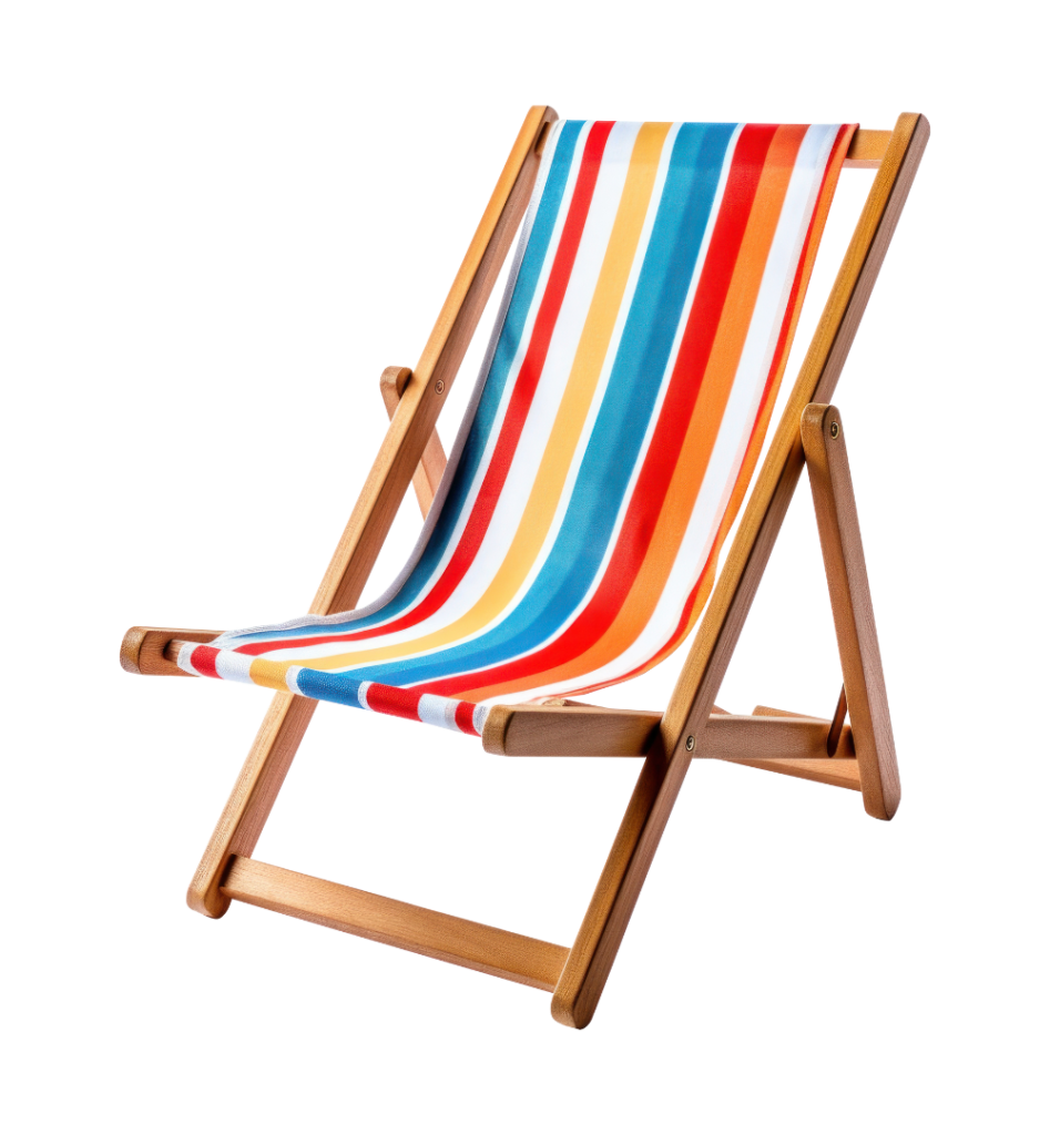 Chaise de plage en bois avec tissu à rayures colorées sur fond blanc.