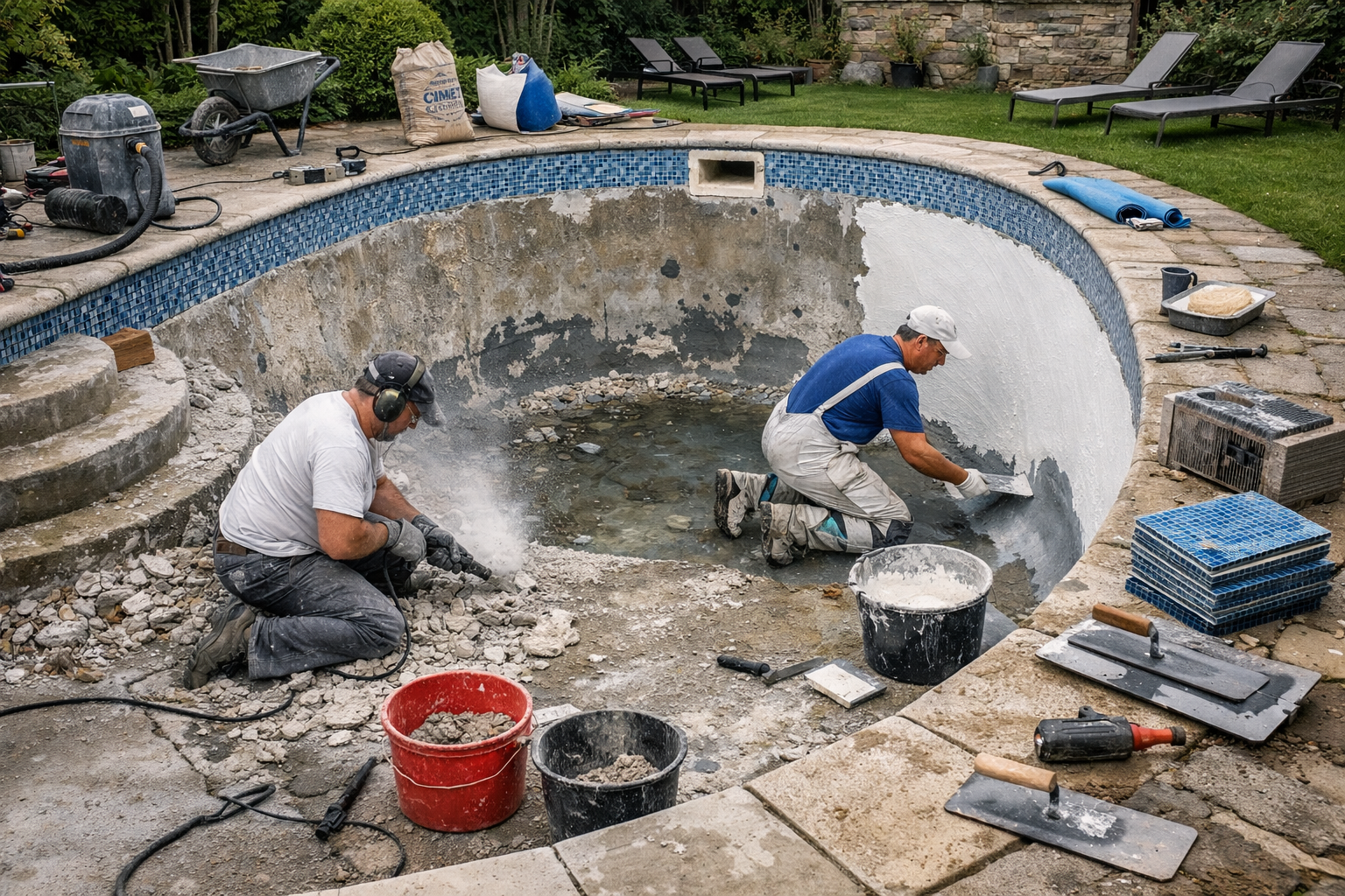 Deux ouvriers réparent une piscine vide.