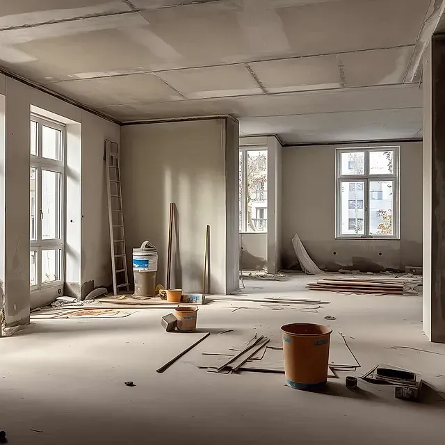 Una habitación vacía con un cubo y una escalera dentro.