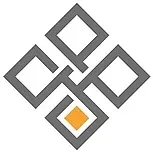 Un logotipo gris y naranja con un cuadrado en el medio sobre un fondo blanco.