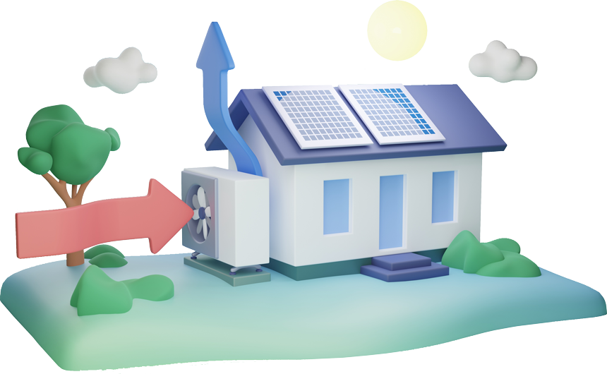 Illustration d'une maison avec une pompe à chaleur et des panneaux solaires
