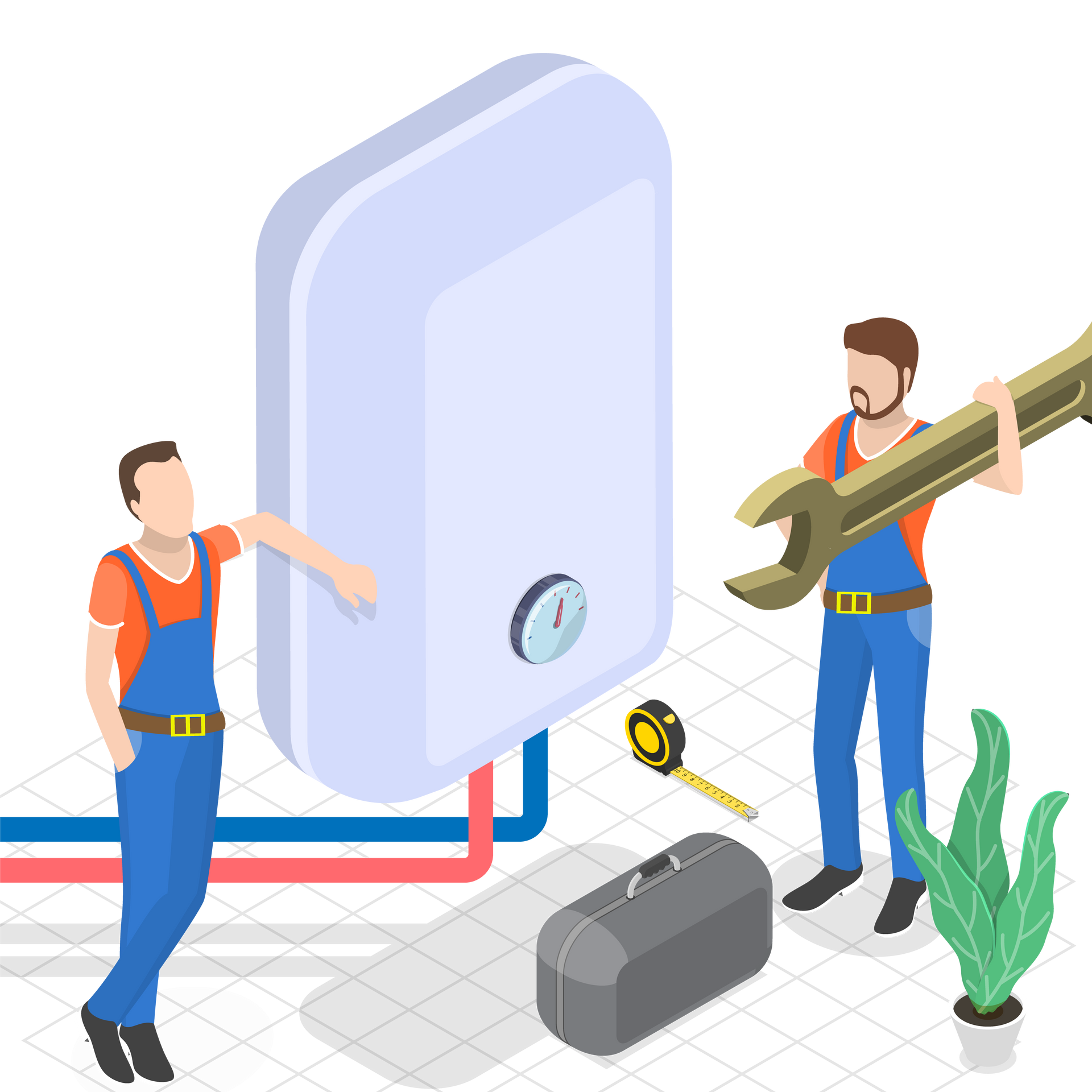 Plan 3D avec des ouvriers à côté d'un chauffe-eau