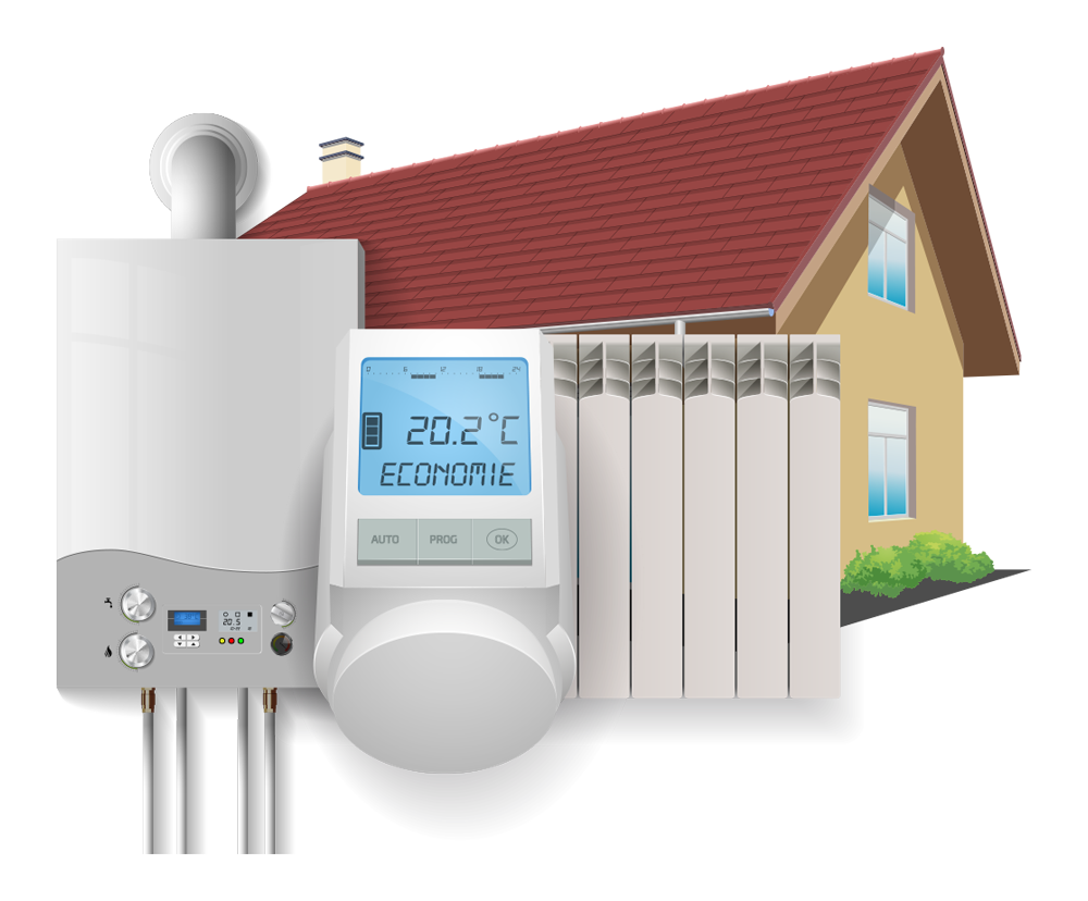 Chauffe-eau, controleur électronique et chauffage devant une maison