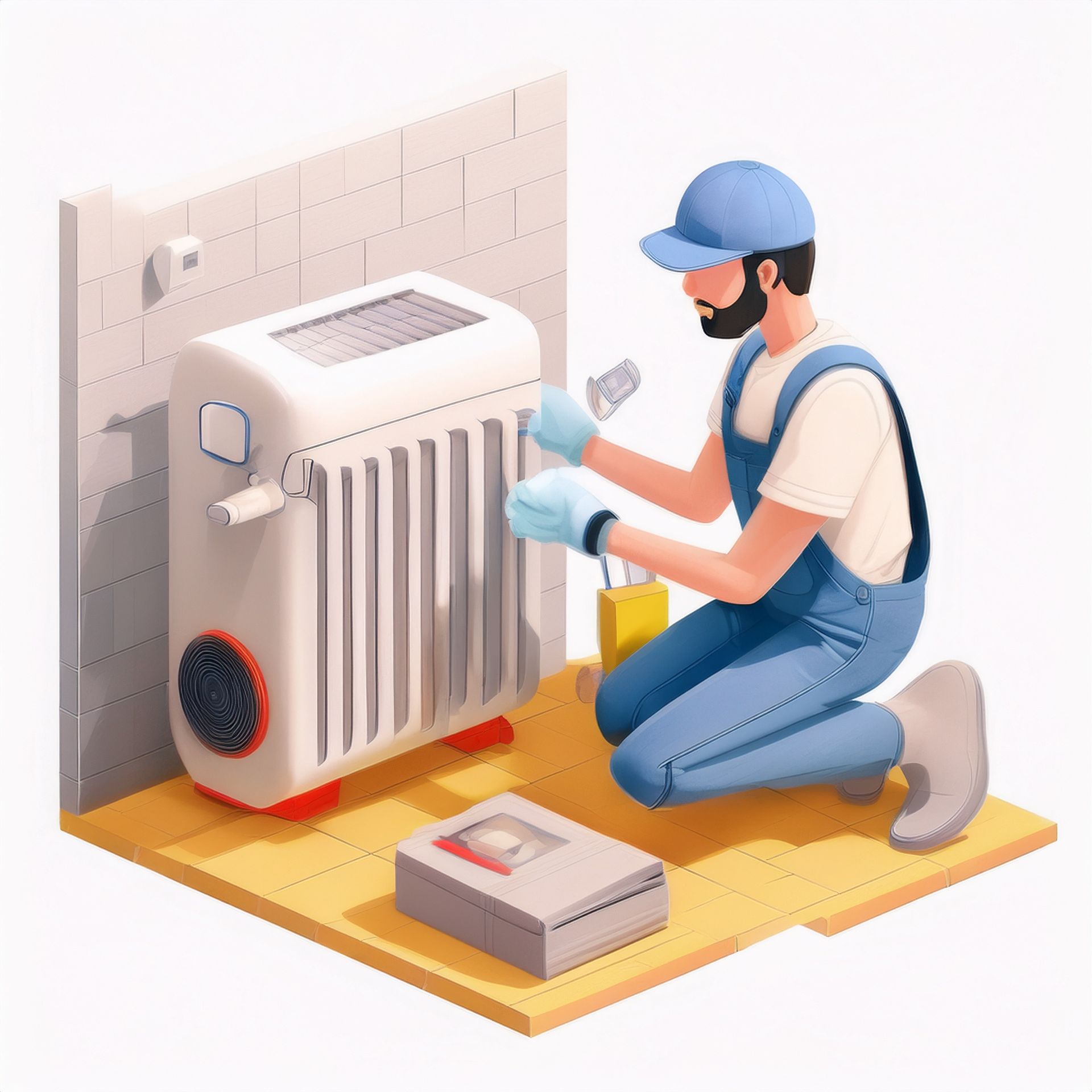 Plombier-chauffagiste qui installe un radiateur