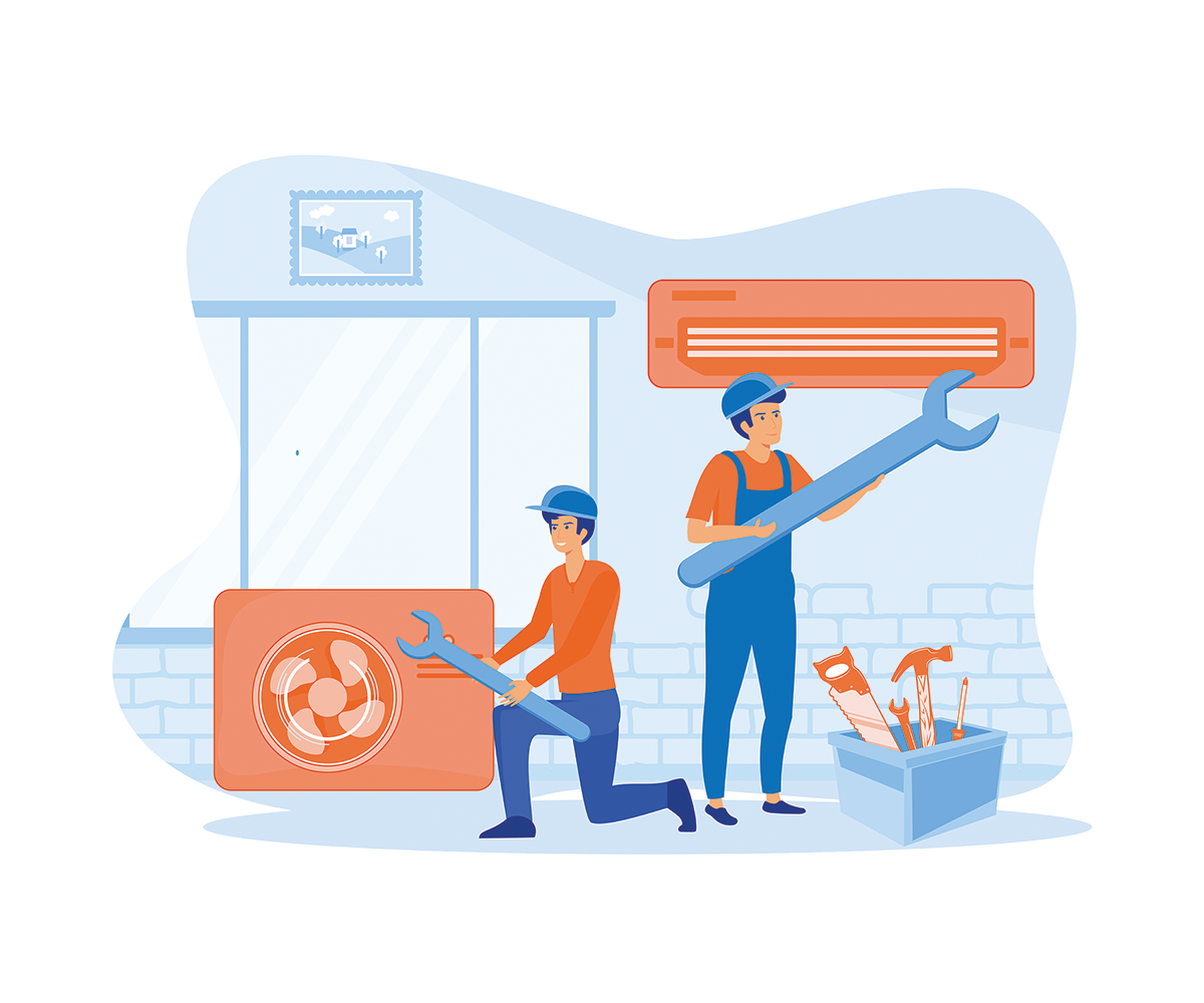 Illustration de deux techniciens intervenant sur une installation de climatisation
