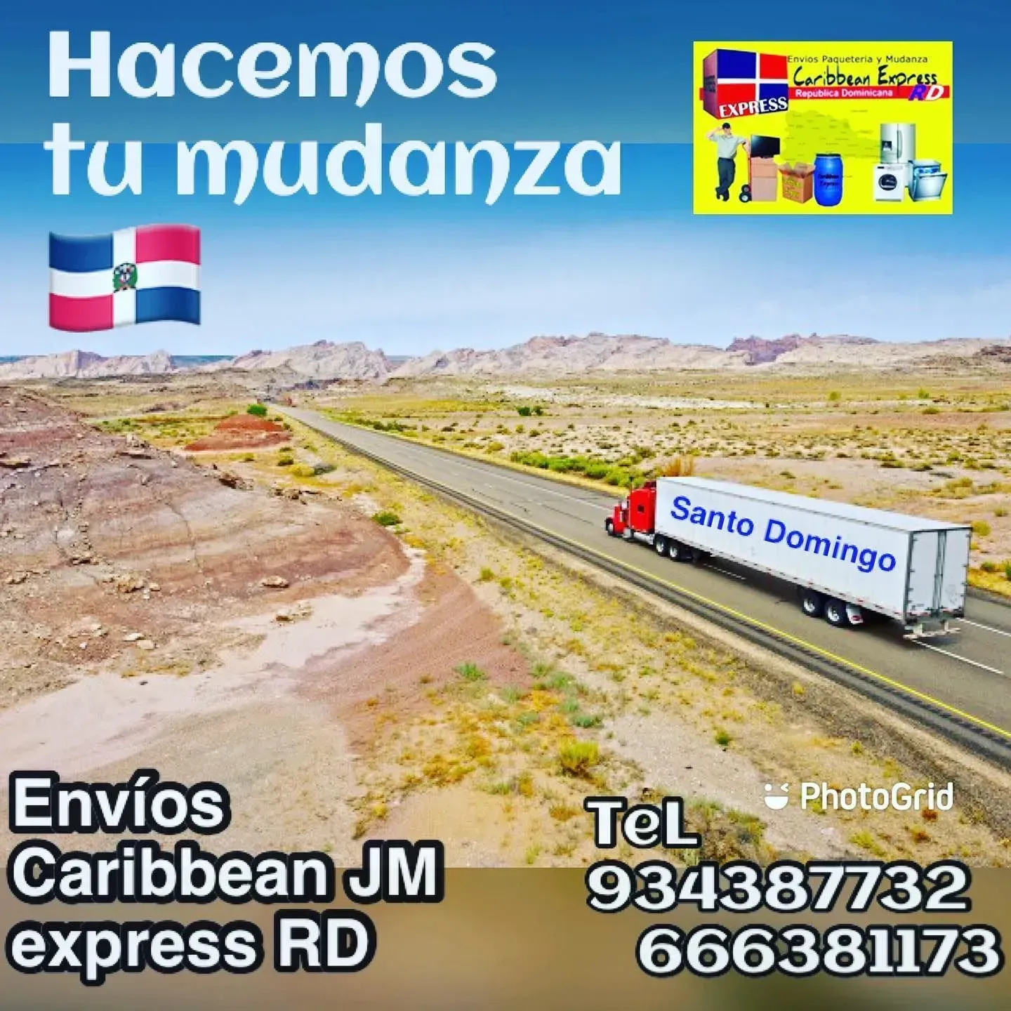 Anuncio de servicios de mudanza; camión de mudanzas en una carretera, bandera de República Dominicana.