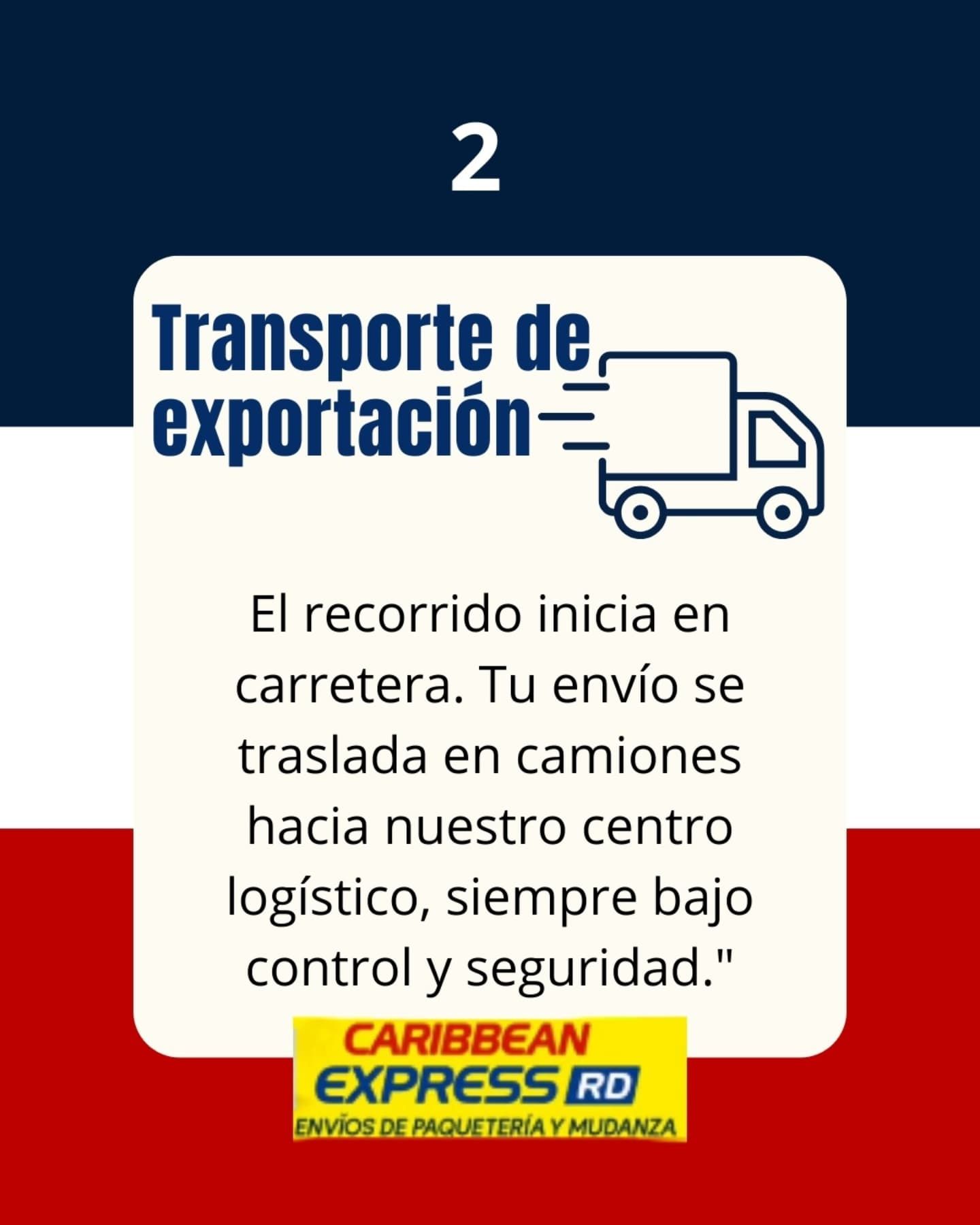 Paso 2 del proceso de exportación: los camiones transportan la mercancía a un centro logístico. Texto en español.