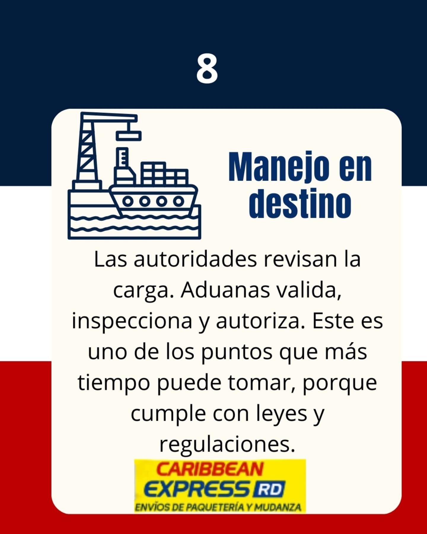 Tarjeta 8: Las autoridades inspeccionan la carga en destino. El texto en español describe la validación e inspección aduanera. Logotipo de Caribbean Express.