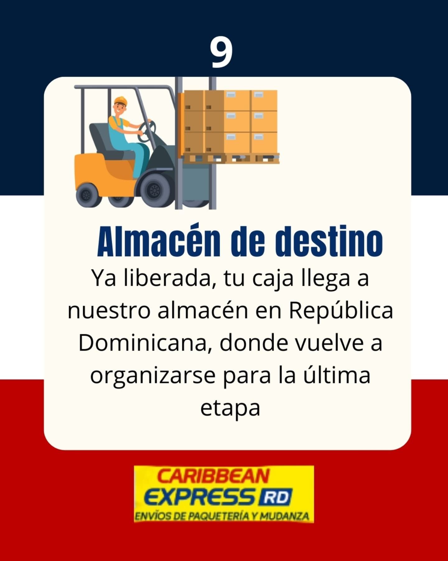 Una carretilla elevadora en un almacén. El texto describe la entrega al almacén de República Dominicana para la etapa final.