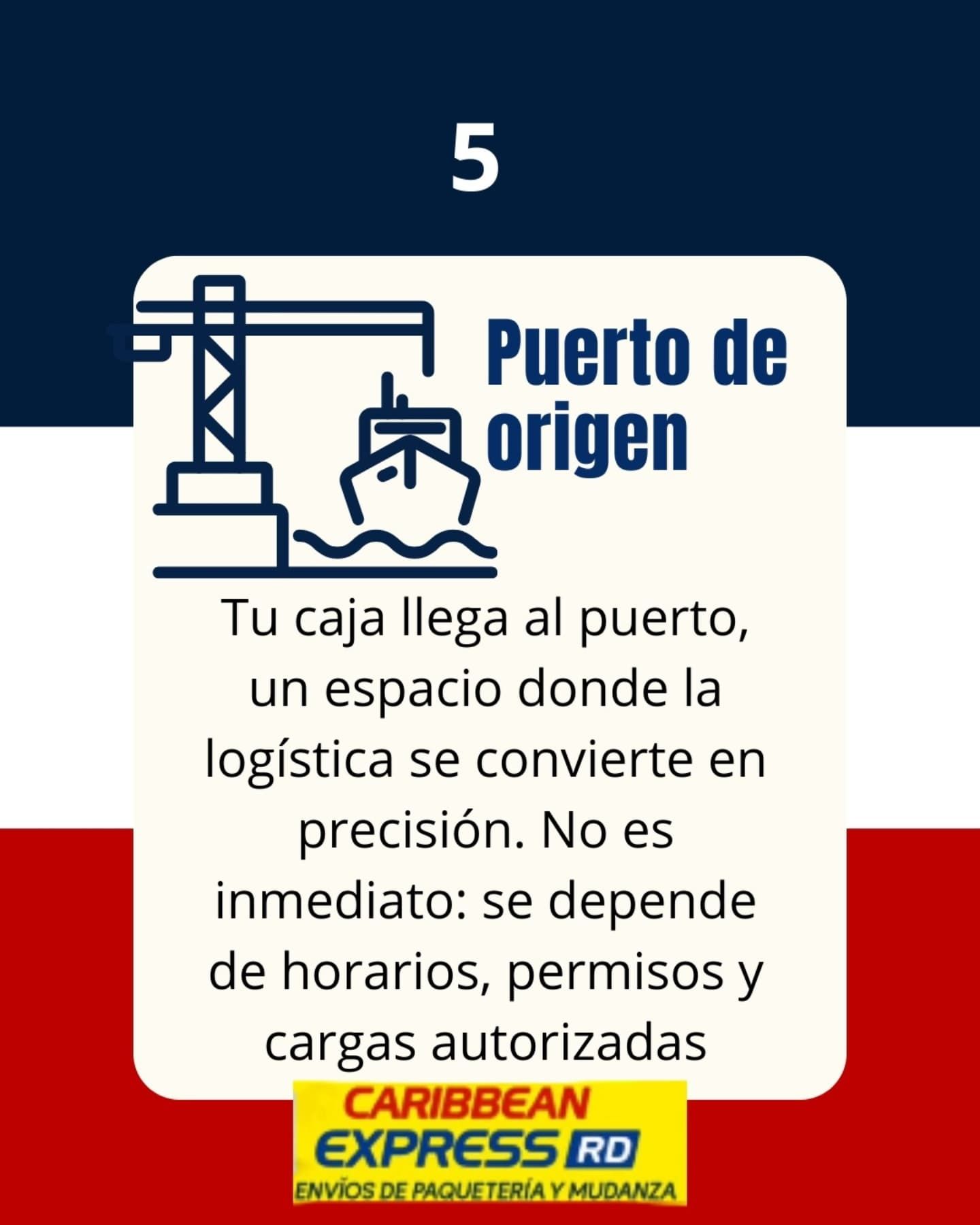 Paso 5: La caja llega al puerto de origen. El texto detalla la logística, los horarios y los permisos. Logotipo de Caribbean Express.