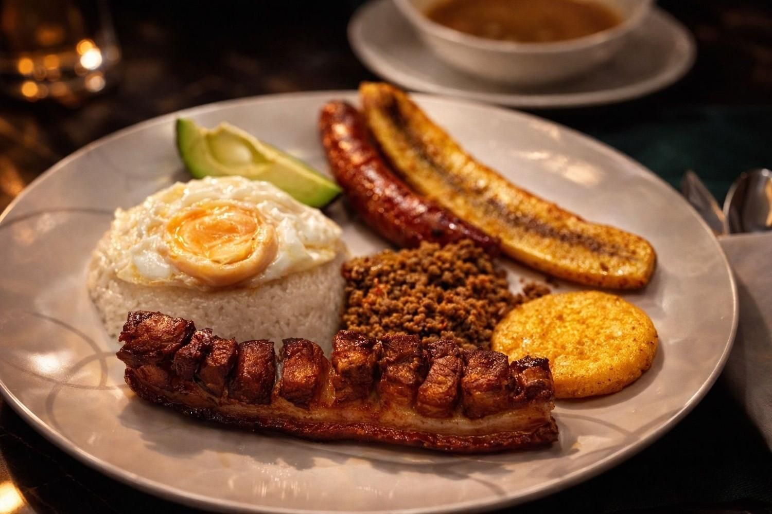 Plato de desayuno colombiano: arroz, huevo, aguacate, panceta de cerdo, salchicha, plátano frito y carne molida.