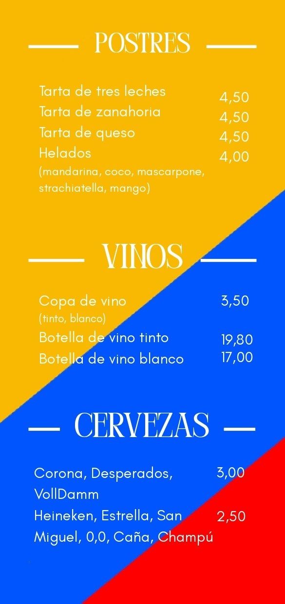 Menú con secciones de postres, vinos y cervezas sobre fondo amarillo, azul y rojo.