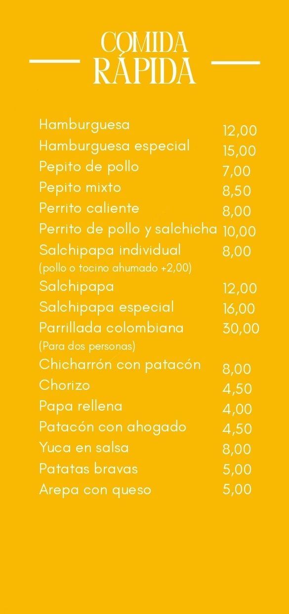 Menú de platos de comida rápida con precios, escrito en español.