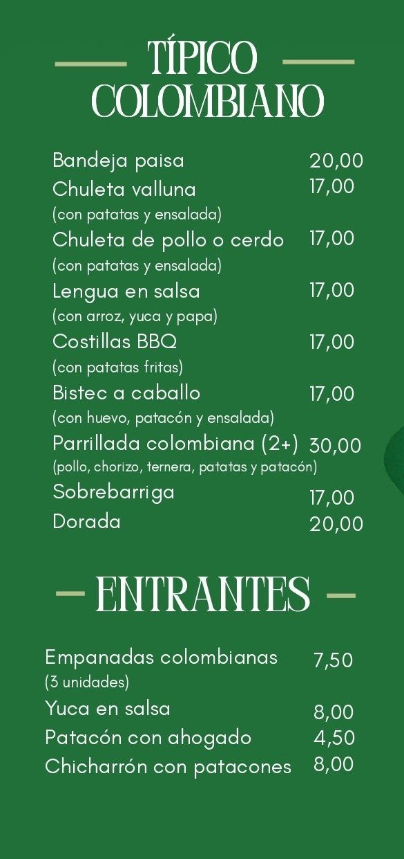 Menú en español con nombres de alimentos y precios, sobre fondo verde.