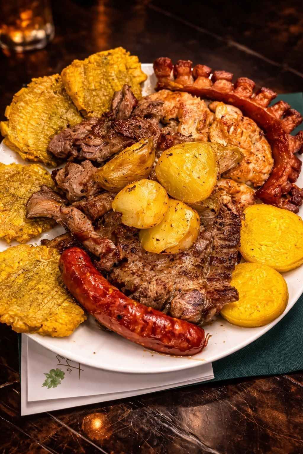 Plato de carnes a la parrilla, papas y plátanos fritos.