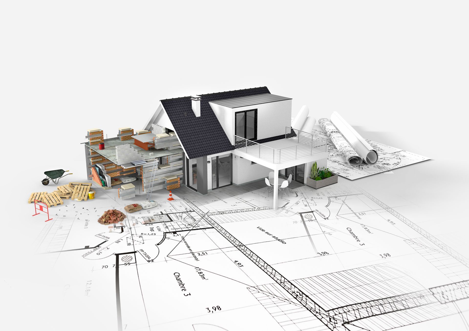 Modèle architectural 3D d'une maison moderne avec panneaux solaires et plans d'étage sur fond blanc.
