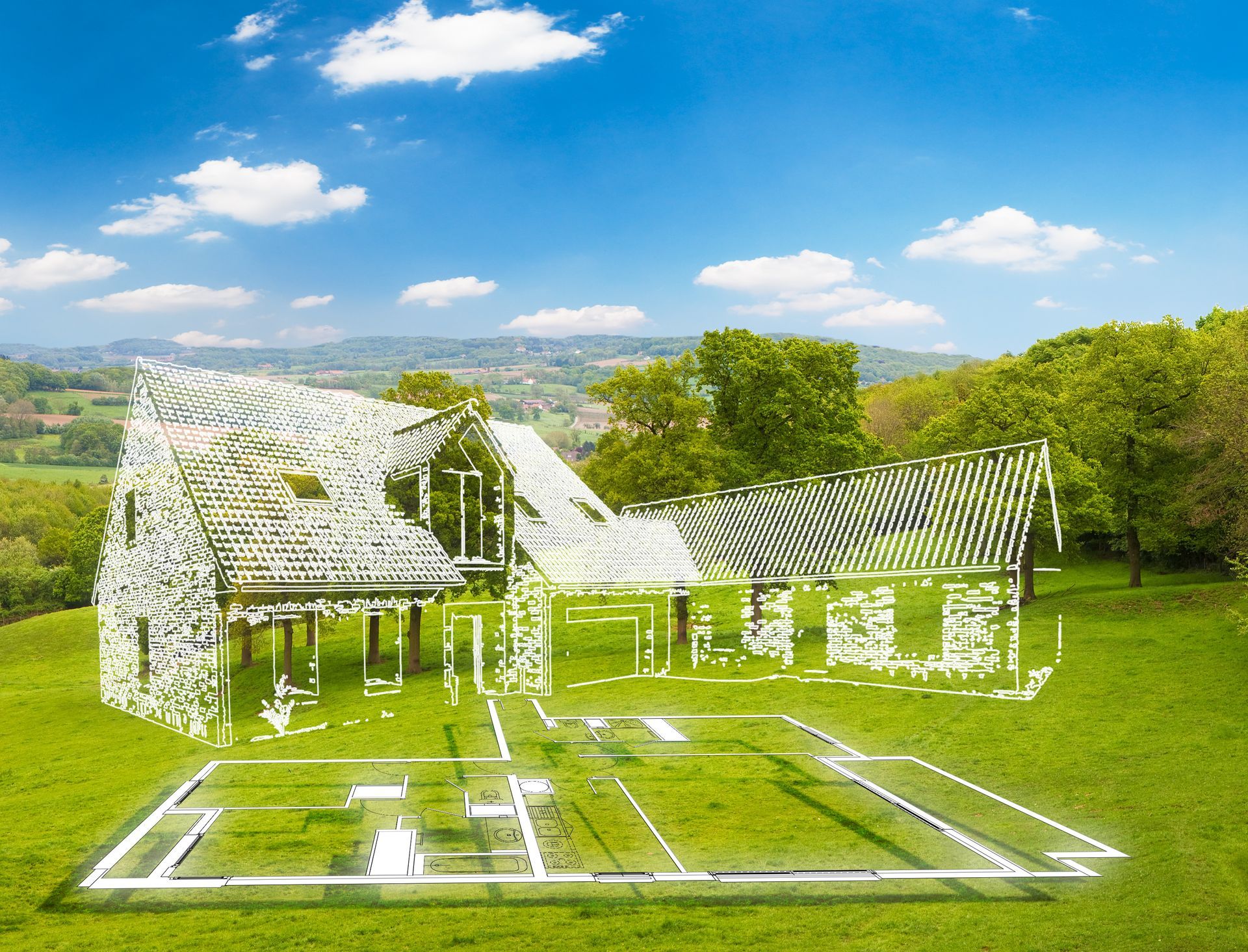 Maison en 3D dans un champ vert sous un ciel bleu nuageux.