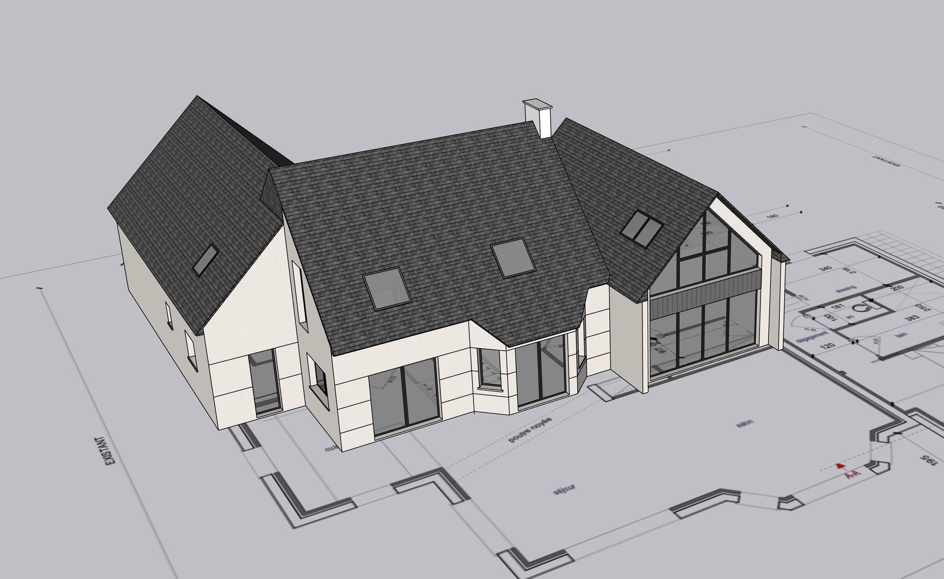 Modèle architectural 3D d'une maison moderne avec panneaux solaires et plans d'étage sur fond blanc.