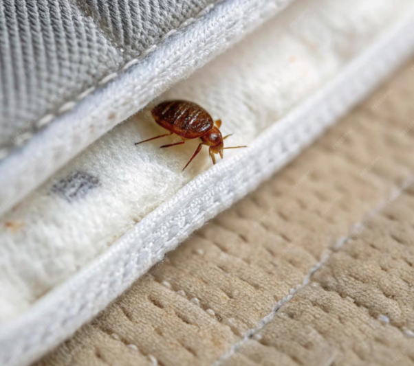 Punaise de lit brune sur une couture de matelas blanc 