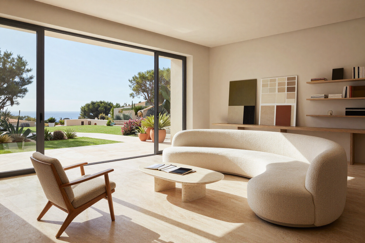 Salón de villa de diseño de vanguardia con mobiliario escultórico y luz natural, proyecto de Aledenis & Co