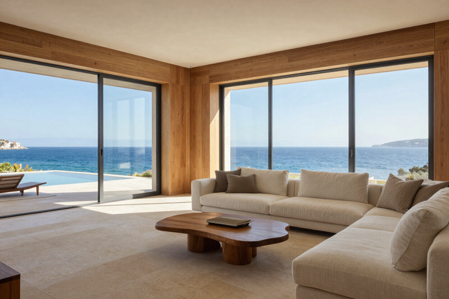 Salón de villa moderna con ventanales y vistas al mar