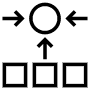 Icon drei Quadrate, ein Kreis und Pfeile, die auf den Kreis zeigen