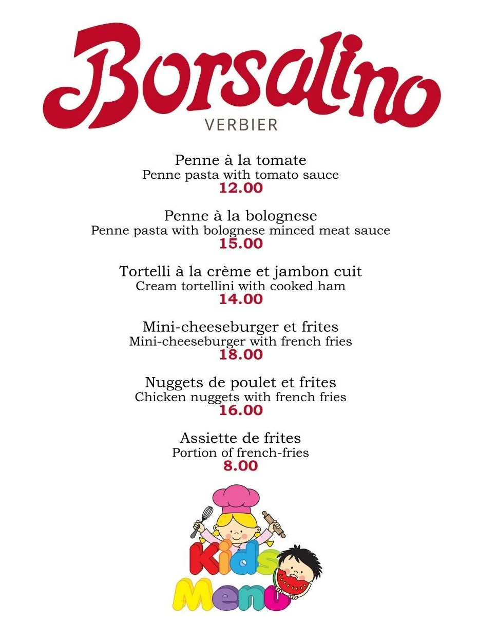 Dépliant publicitaire Borsalino avec logo rouge et illustrations d'enfants en bas.