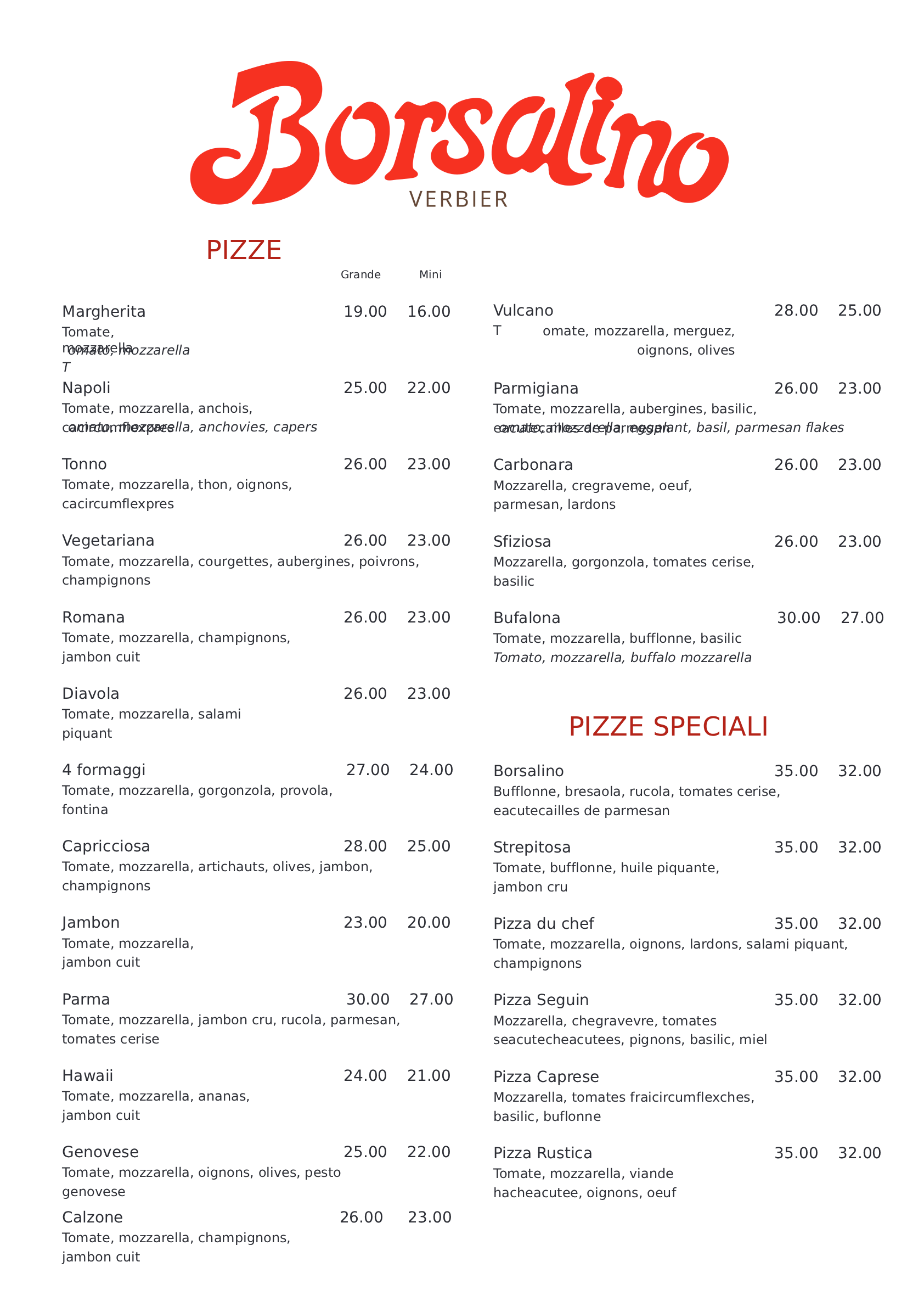 Menu du restaurant Borsalino avec logo rouge et texte noir sur fond blanc