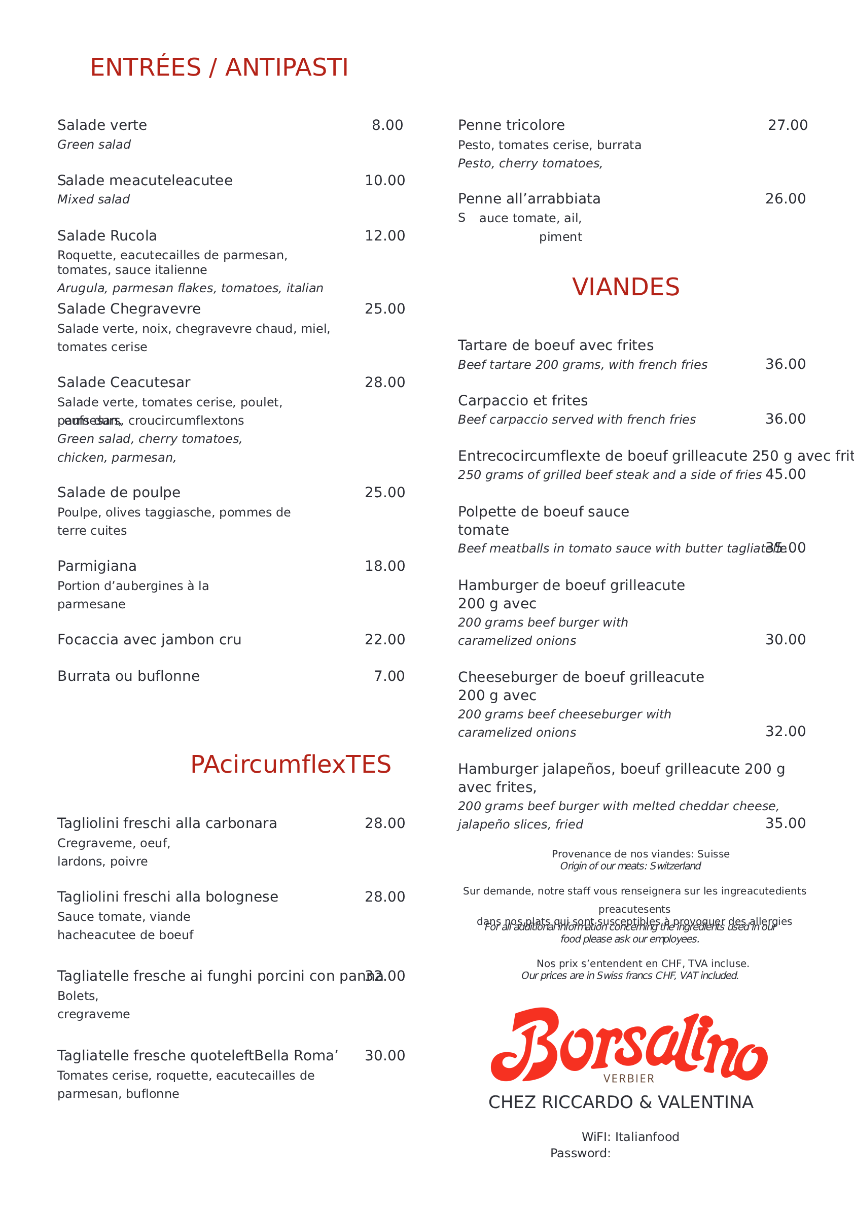 Carte du restaurant avec des titres rouges et le logo Borsellino en bas.