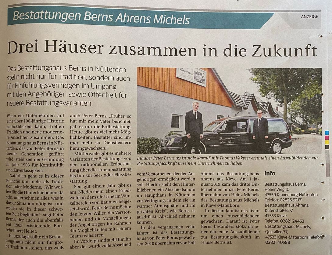 Bestattungshaus Berns-Ahrens-Michels Zeitungsartikel Drei Häuser zusammen in die Zukunft