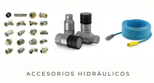 Accesorios hidráulicos que incluyen accesorios, válvulas y una manguera azul con conector amarillo.