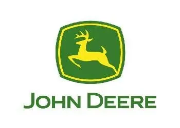 Logotipo de John Deere: ciervo amarillo saltando dentro de un escudo verde, con el texto 