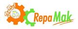 Logotipo con engranajes naranjas y verdes, icono de tractor y el texto "RepaMak".