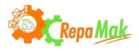 Logotipo con engranajes naranjas y verdes, icono de tractor y el texto "RepaMak".