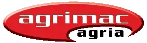 Logotipo de Agrimac Agria, texto blanco sobre un óvalo rojo.