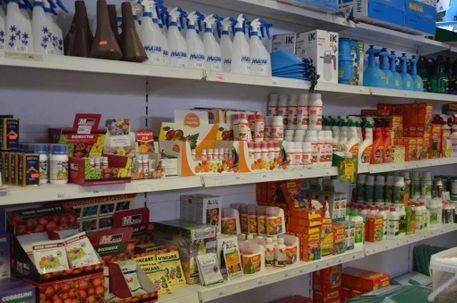 Estanterías de una tienda repletas de diversos productos para el cuidado de las plantas, como pulverizadores, fertilizantes y paquetes de semillas.