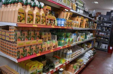 Los estantes de una tienda están repletos de diversos productos de limpieza y jardinería envasados ​​en botellas y cajas de plástico.