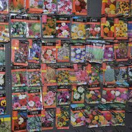 Un expositor lleno de paquetes de semillas de colores variados para diferentes tipos de flores.