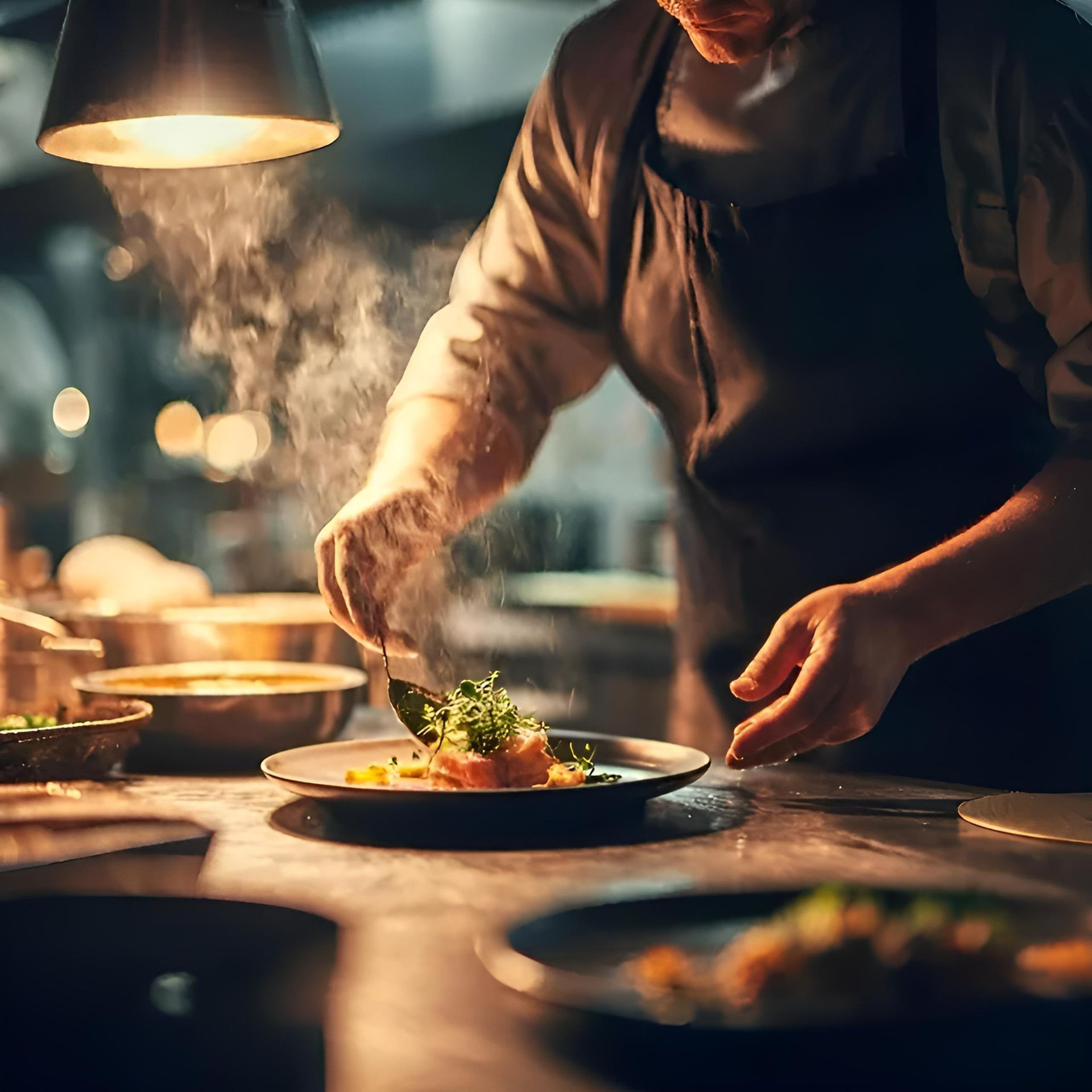 Un chef dresse un plat fumant dans une cuisine faiblement éclairée, sous une lumière chaude.